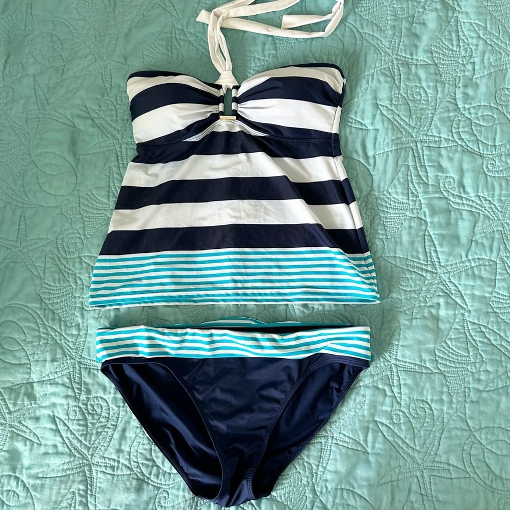 Ralph Lauren Navy, White & Aqua Striped Tankini Bikini Set